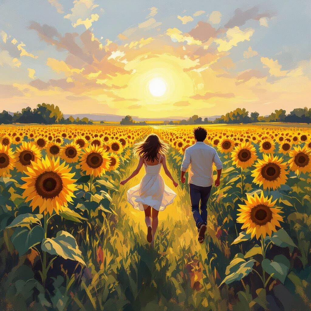 Joyful Couple Runs Through Vibrant Sunflower Field at Golden...