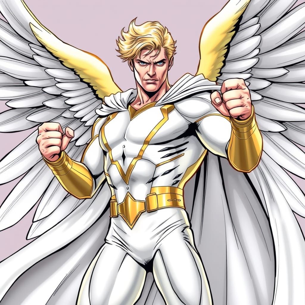 Heroic Marvel Superhero with Angel Wings in Vibrant Comic Bo...