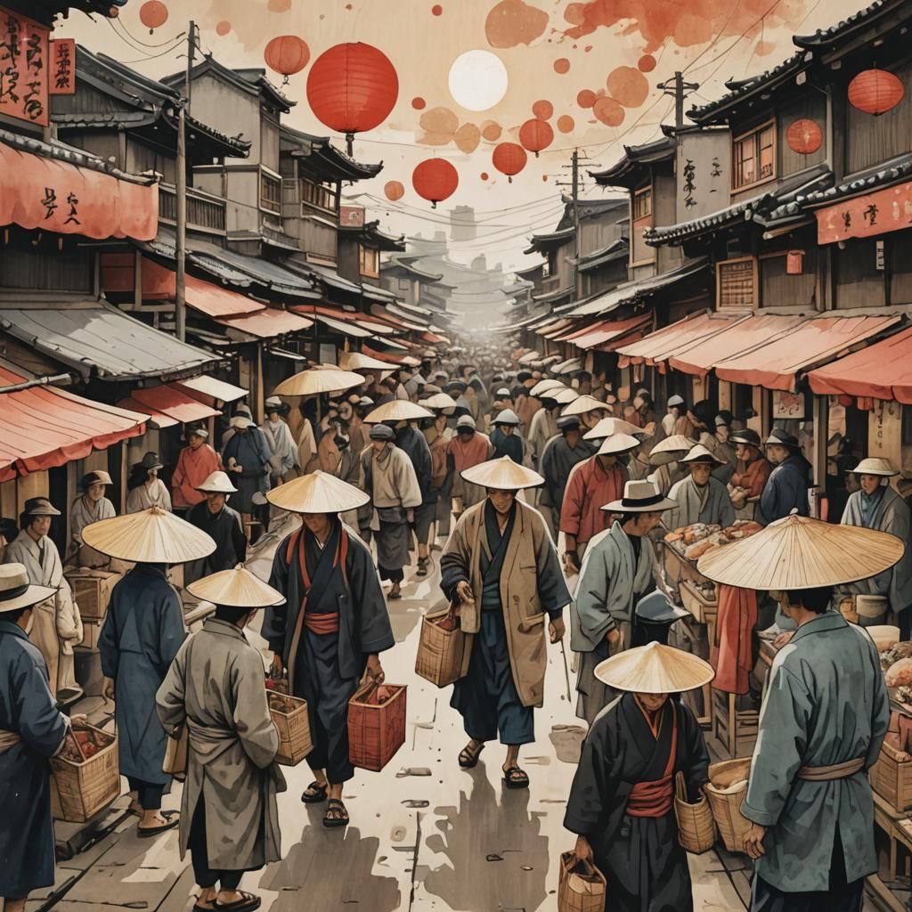 Ukiyo-e Traveler in Bustling Market Under Red Sun