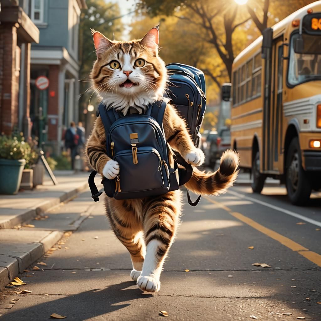 Whiskered Student Rushes to School