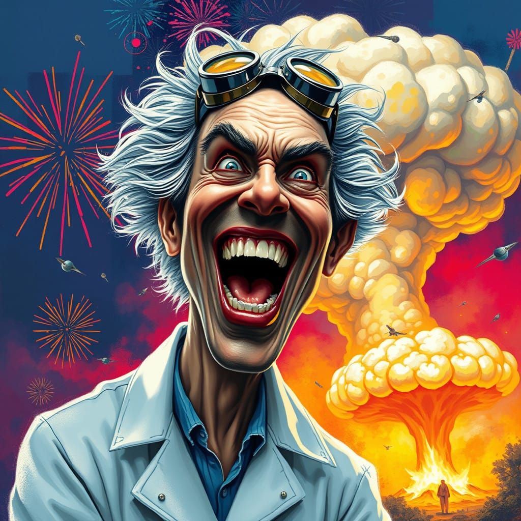 Futuristic Mad Scientist in a Dreamlike Explosion of Color a...