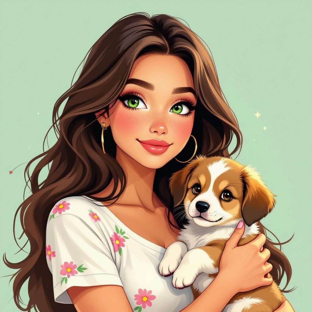 Woman Holding Puppy in Whimsical Painterly Style