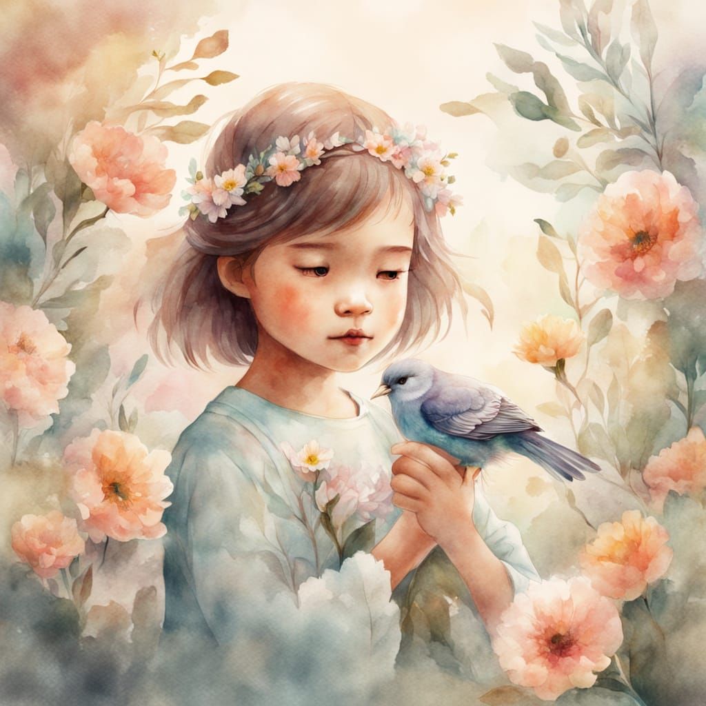 Watercolor Girl Holding Bird in Flower Garden