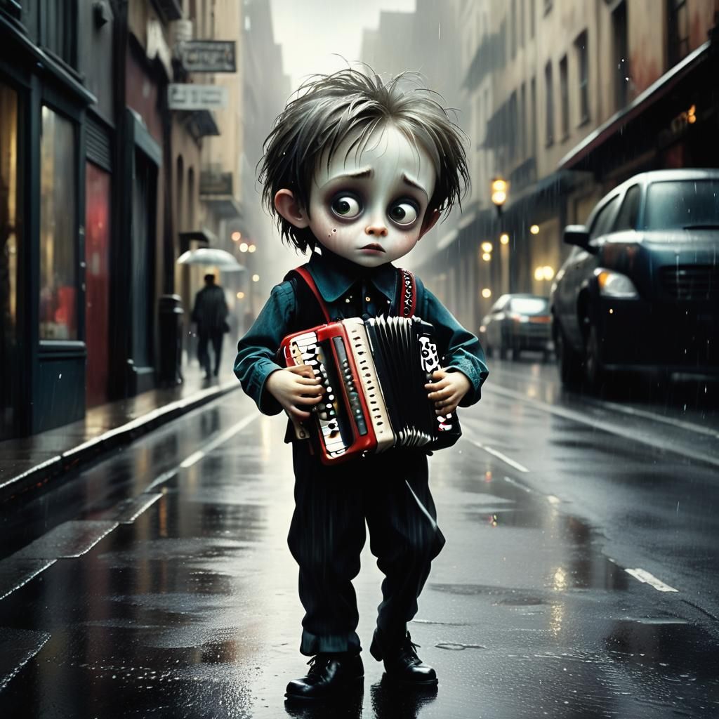 Boy Plays Accordion on Rainy Street