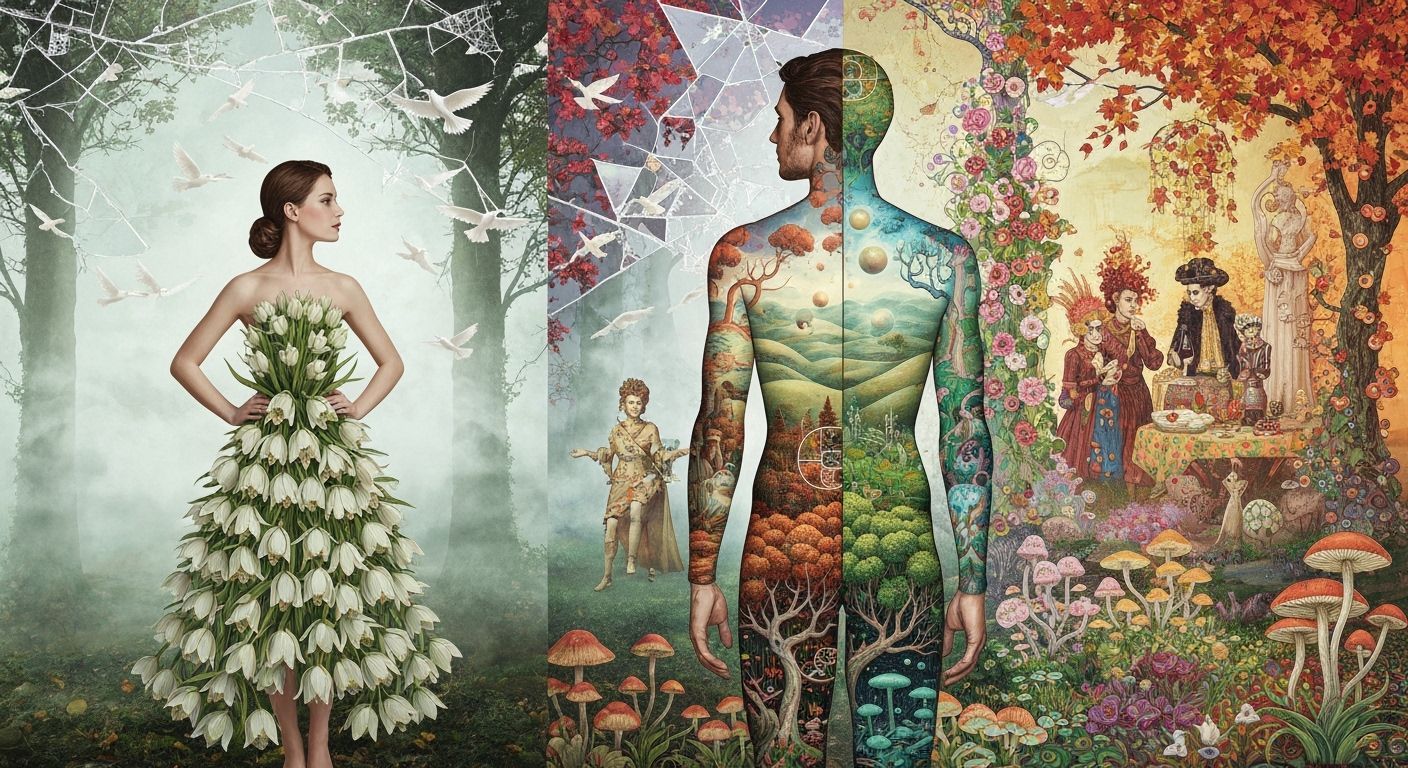 Woman in Fritillaria Dress in Surreal Landscape