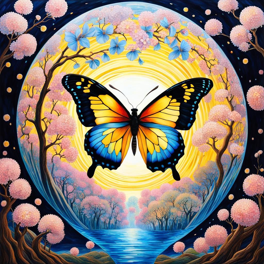 Bioluminescent Butterfly in Blossoms, Klimt-Inspired Mosaic