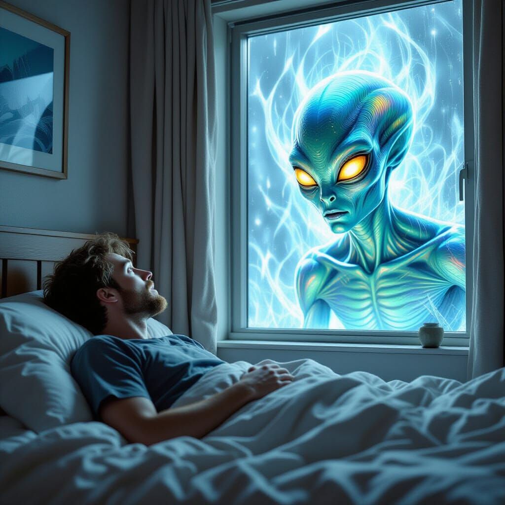 Alien Encounter at Bedroom Window: Hyperrealistic Comic Art