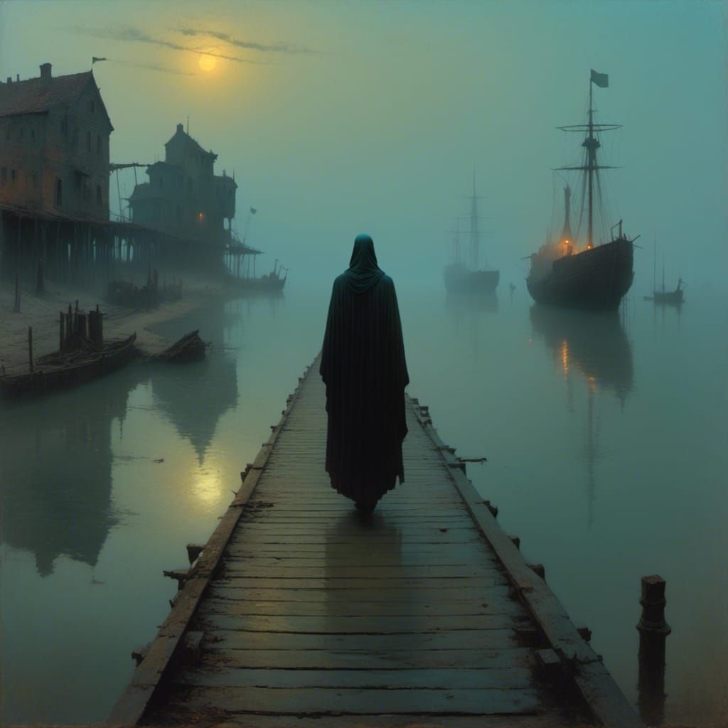 Eerie Ghostly Figure on Misty Wharf