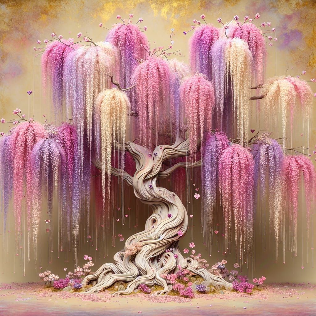 Whimsical Sakura Willow Tree in Dreamy Pastel Hues