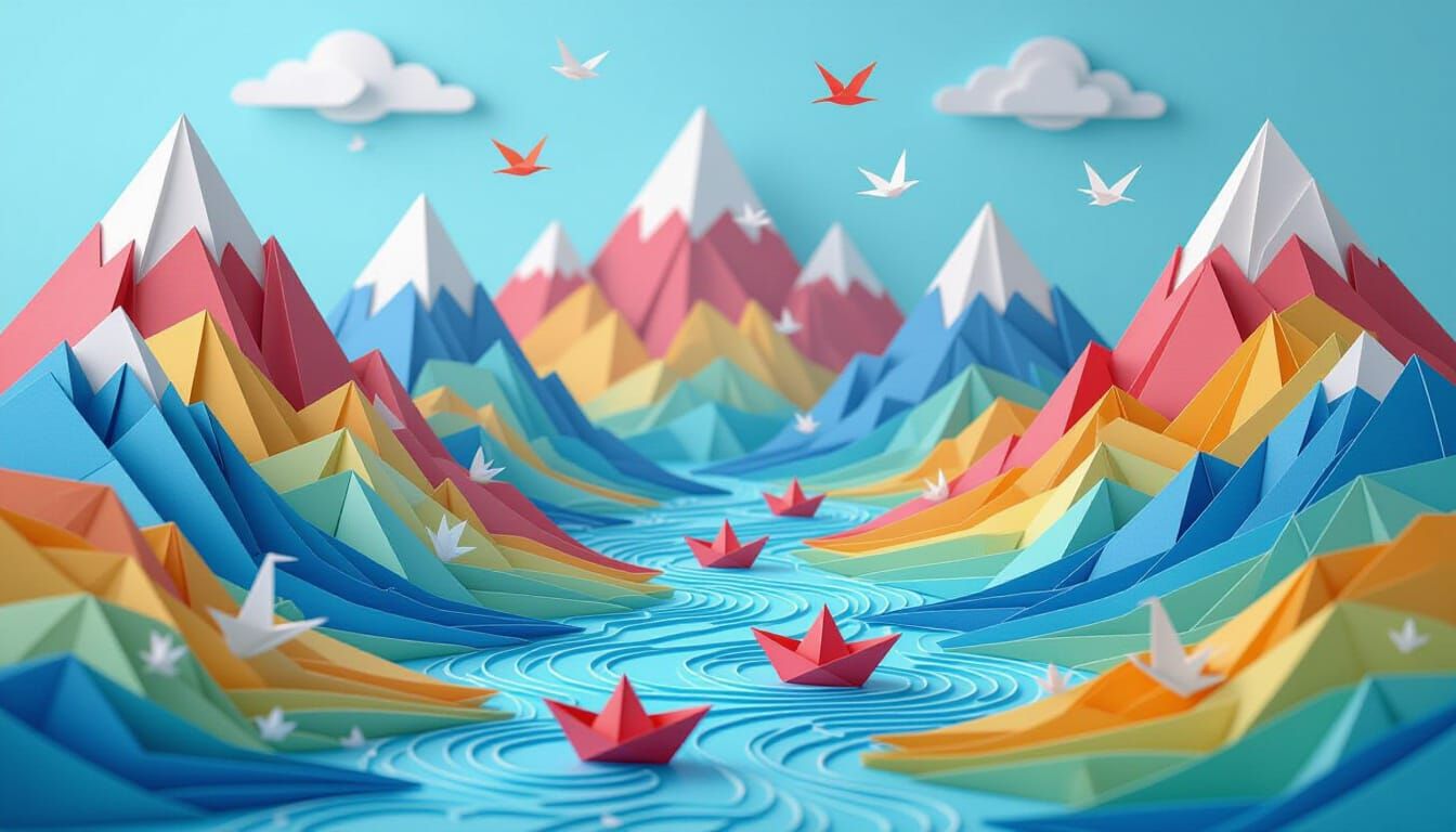 Origami Crane Mountains and Paper River Landscape