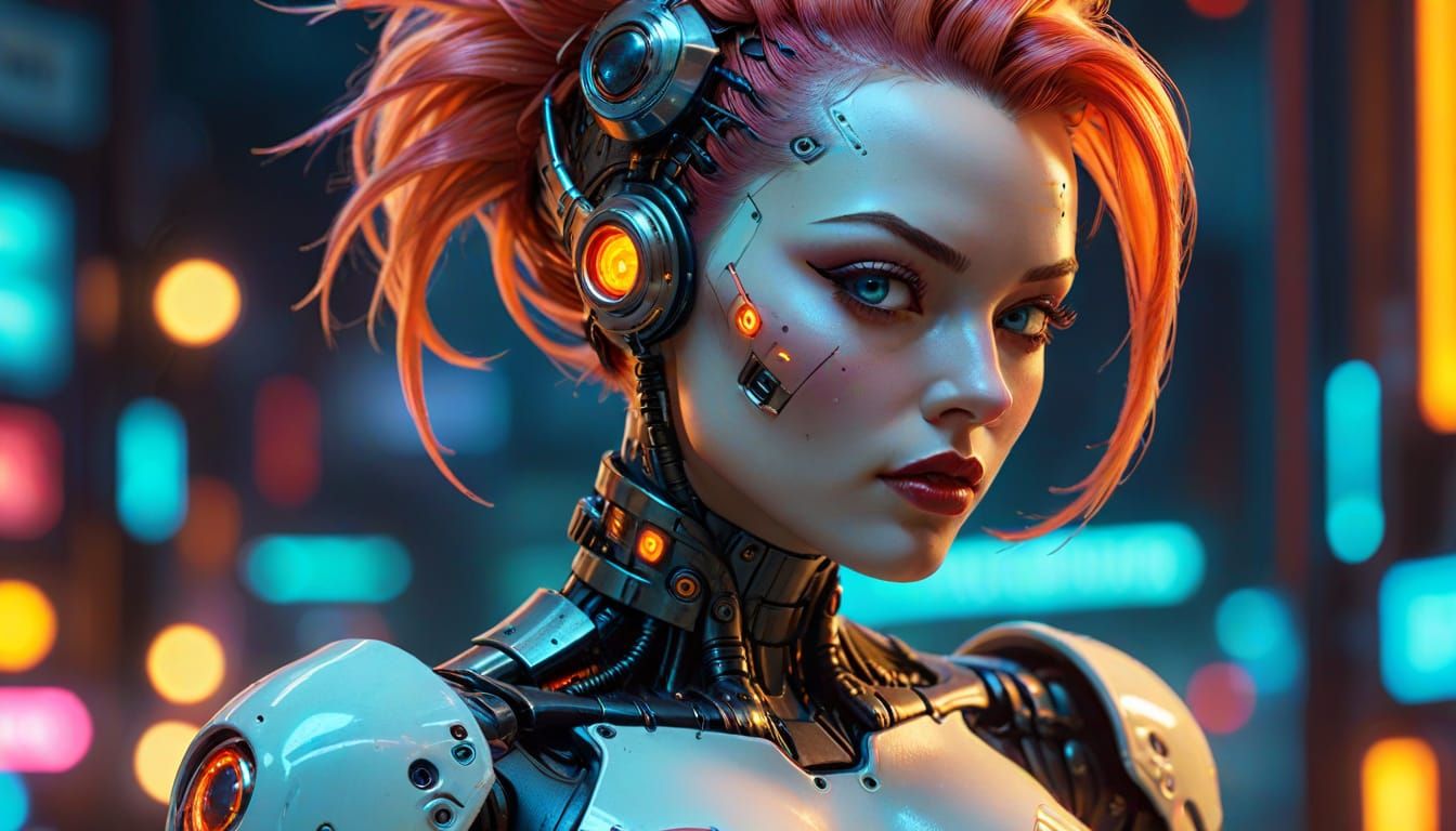 Cyberpunk Gynoid Pinup with Neon Lights and Bokeh