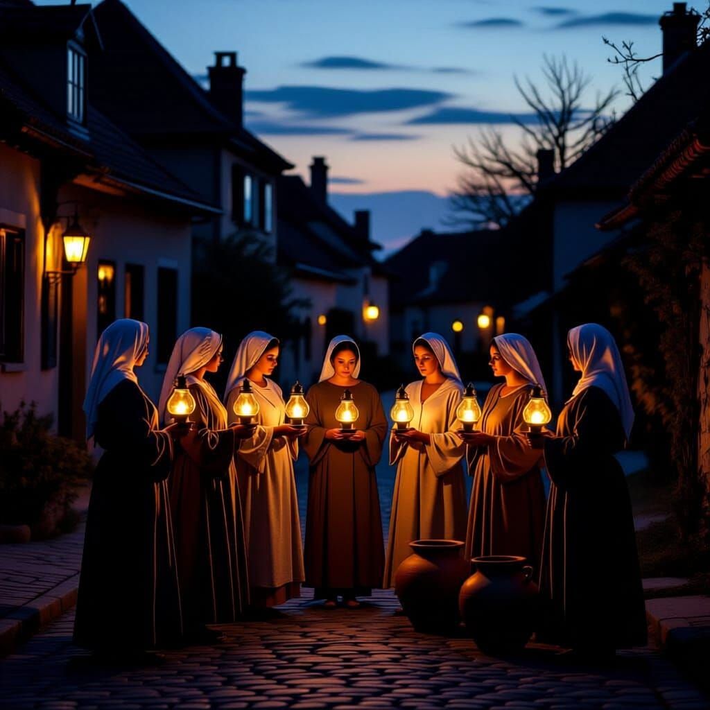 Biblical Women With Burning Lanterns Wait at Dusk