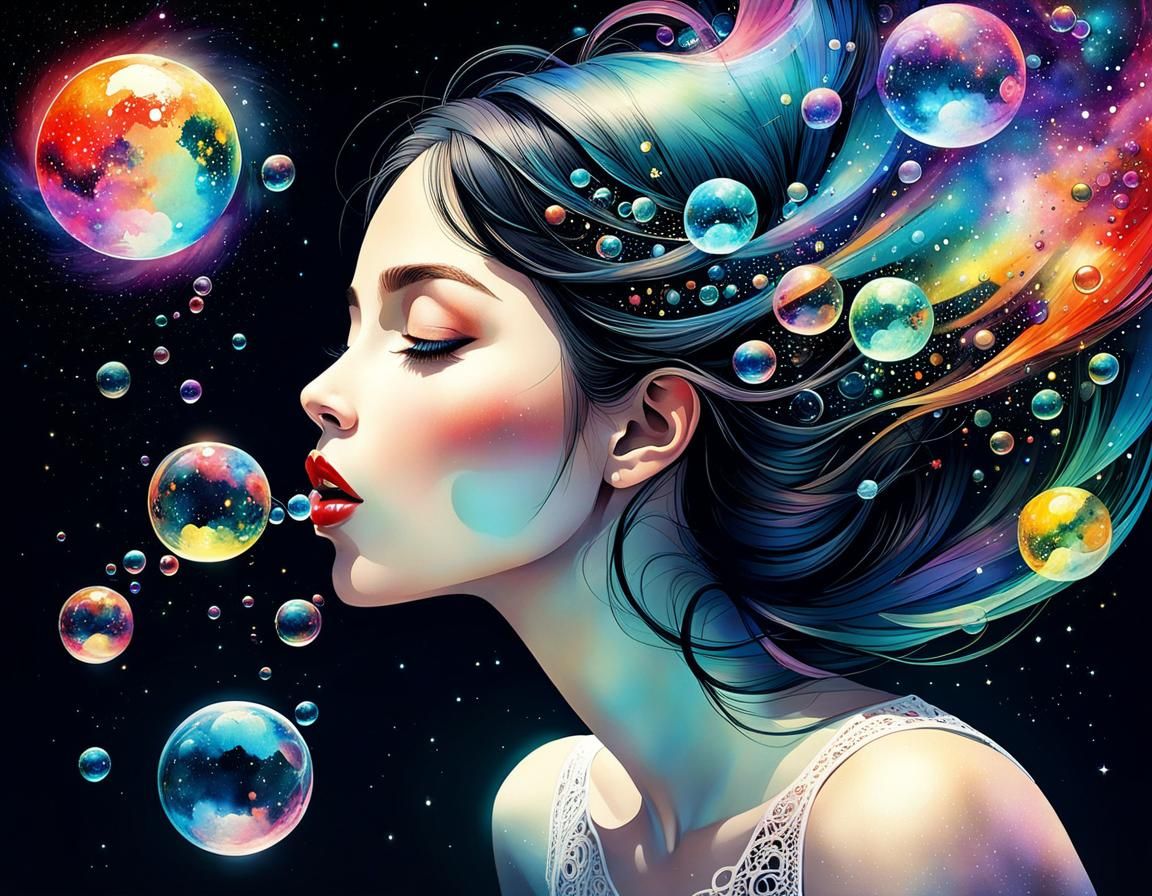 Planetary Bubbles: Watercolor Ink Galaxy Art