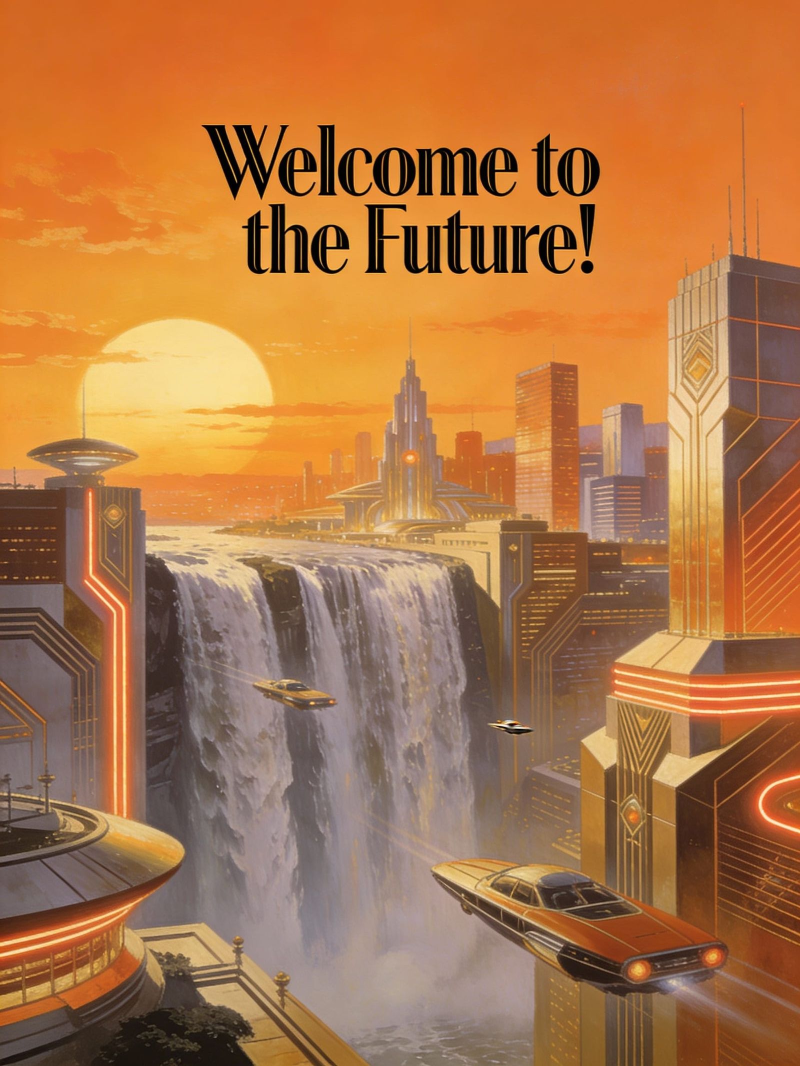 Retro-Futuristic Metropolis at Orange Sunset