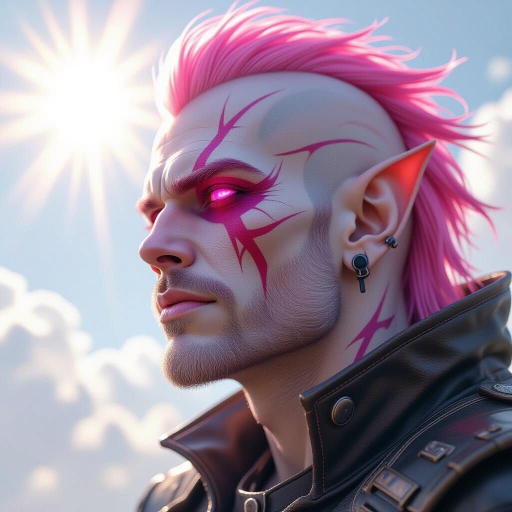 Half-Orc Man with Pink Eyes in Splash Art