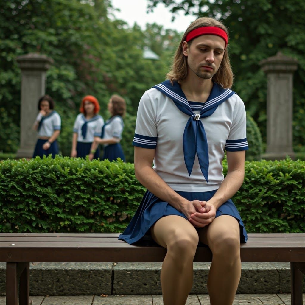 Man in Sailor Schoolgirl Uniform on Park Bench