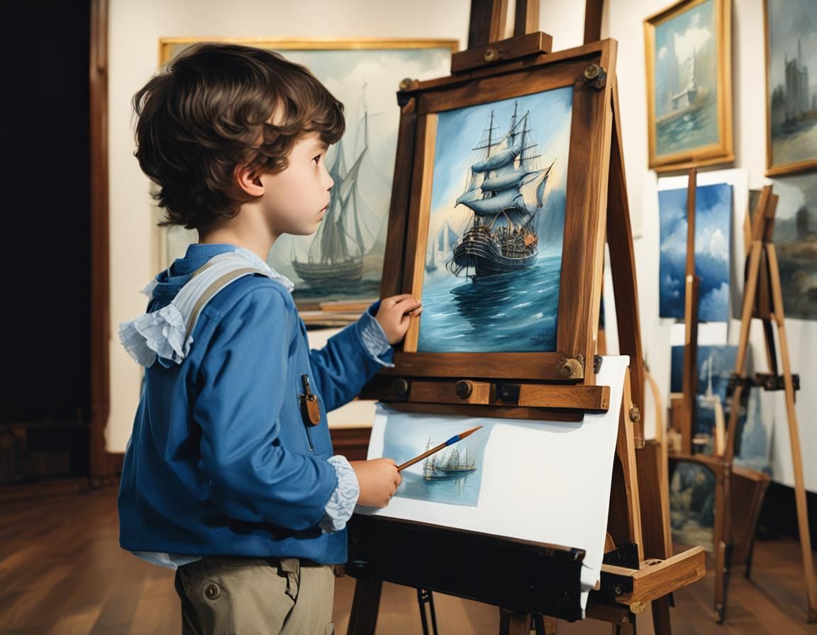 Child Artist Painting Boat: Steampunk Digital Watercolor