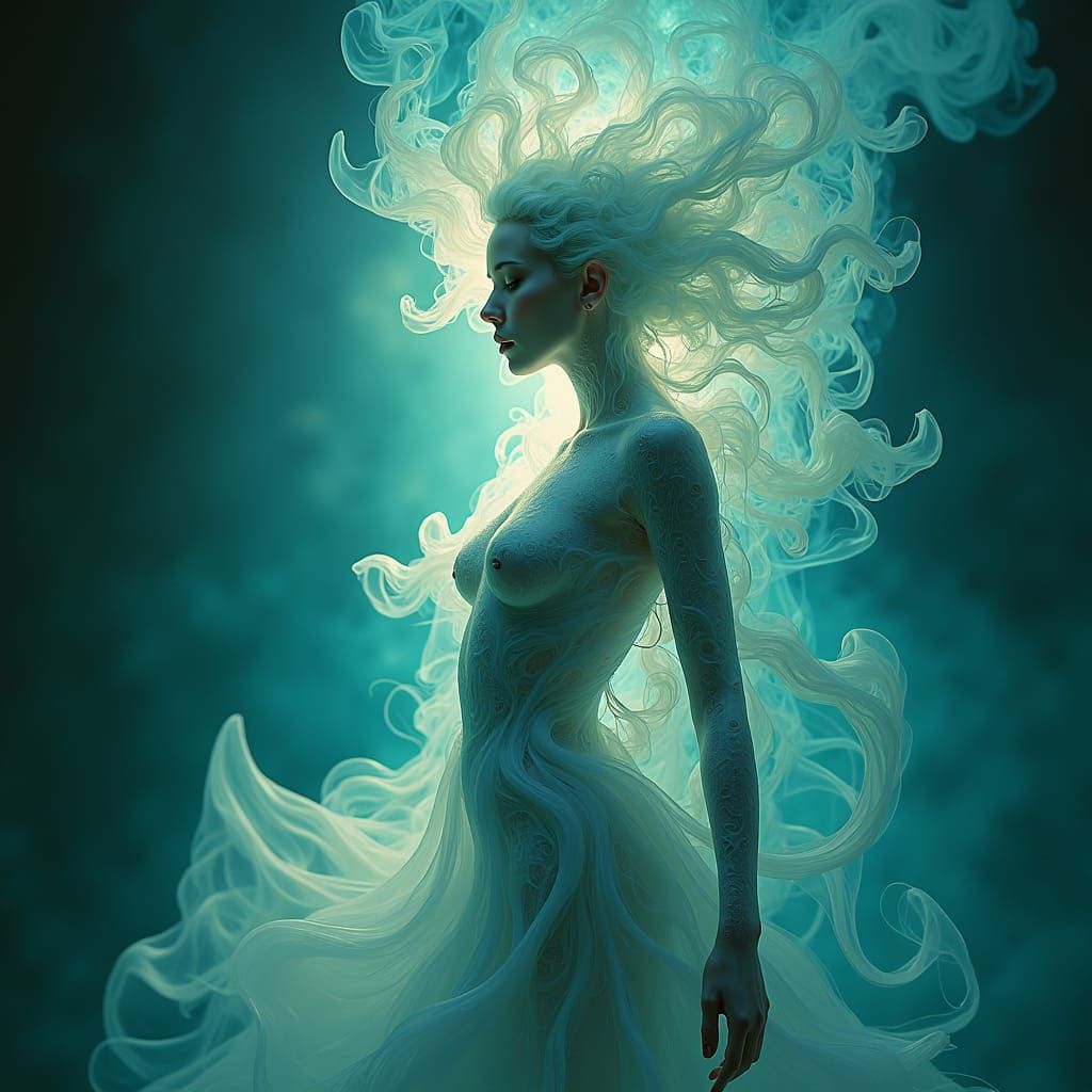 Ethereal Woman Merging with Fibonacci Spirals