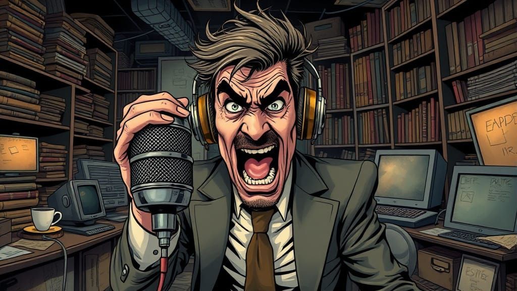 Frantic Podcaster Screams into Vintage Microphone