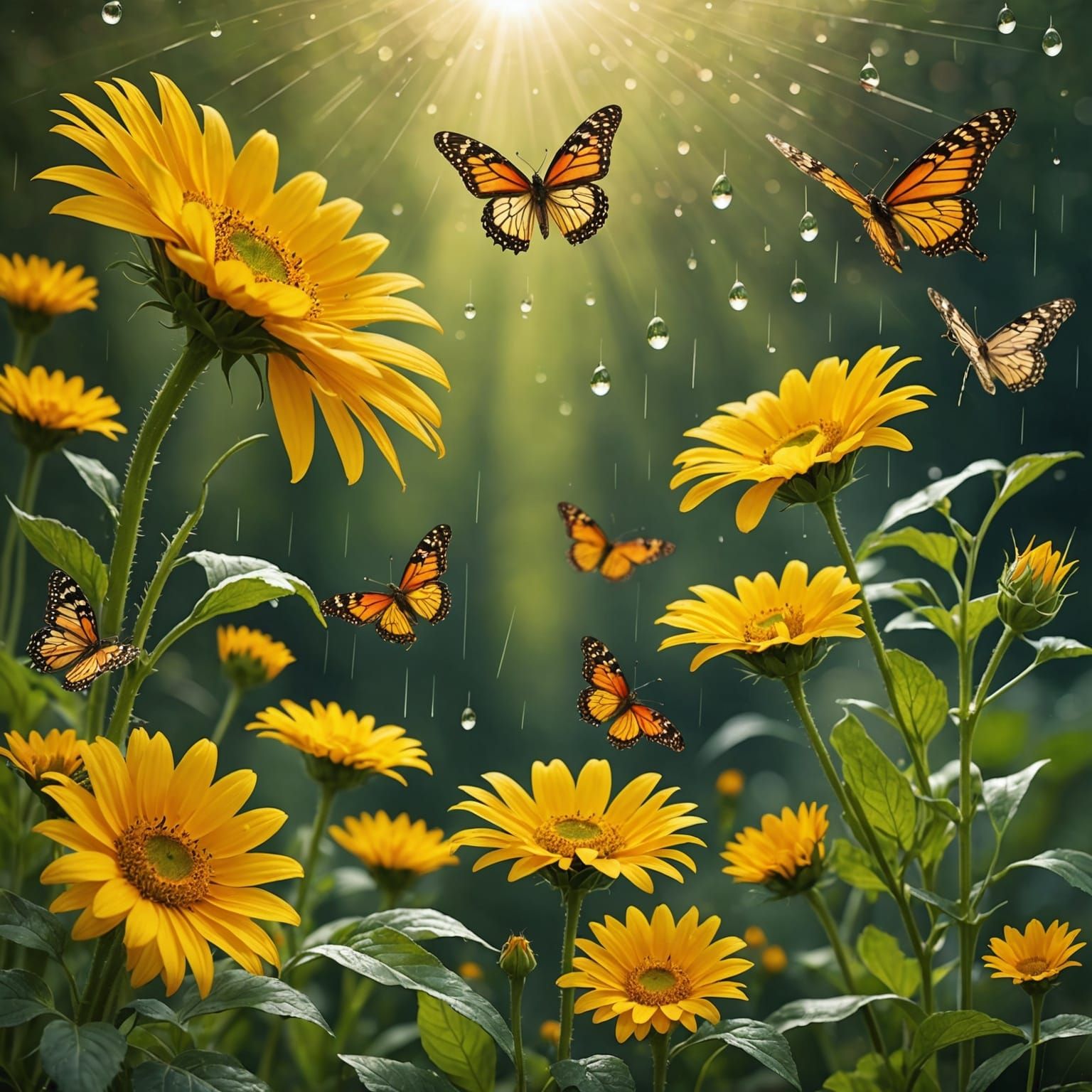Butterflies and Flowers with Raindrops and Sunshine