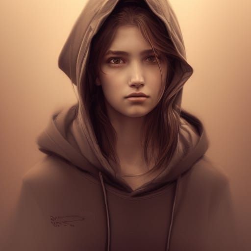Detailed Pencil Sketch of Girl in Hoodie