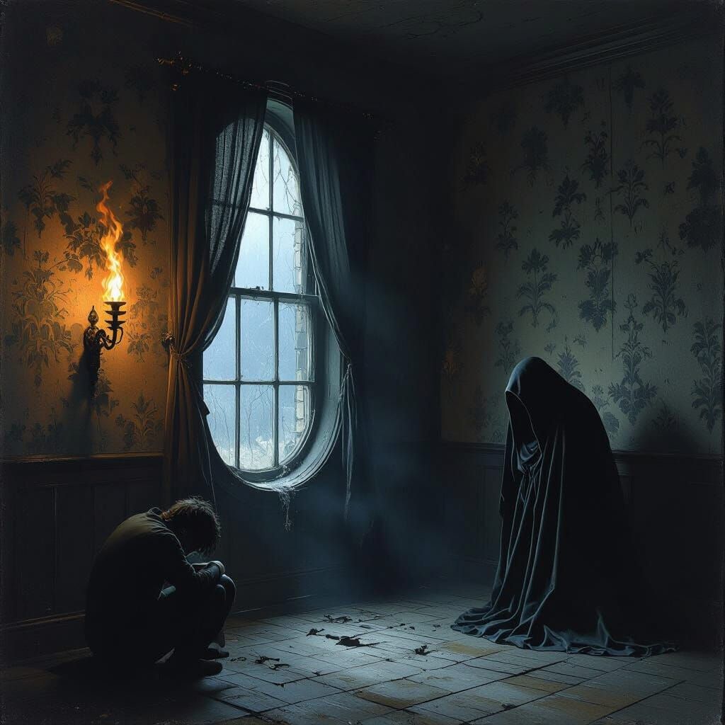 Atmospheric Room with Open Window and Flickering Torch