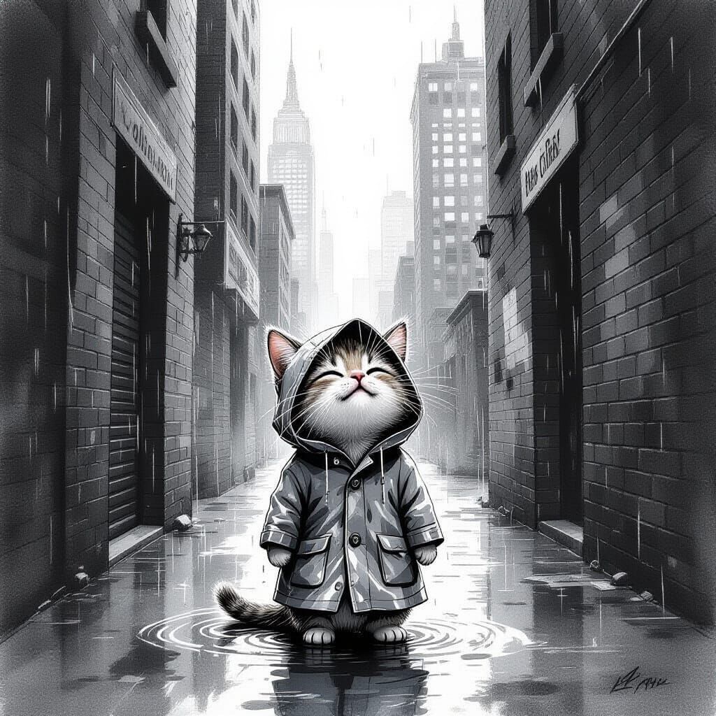 Drenched Kitty in Rainy Alley: Monochromatic Pencil Sketch