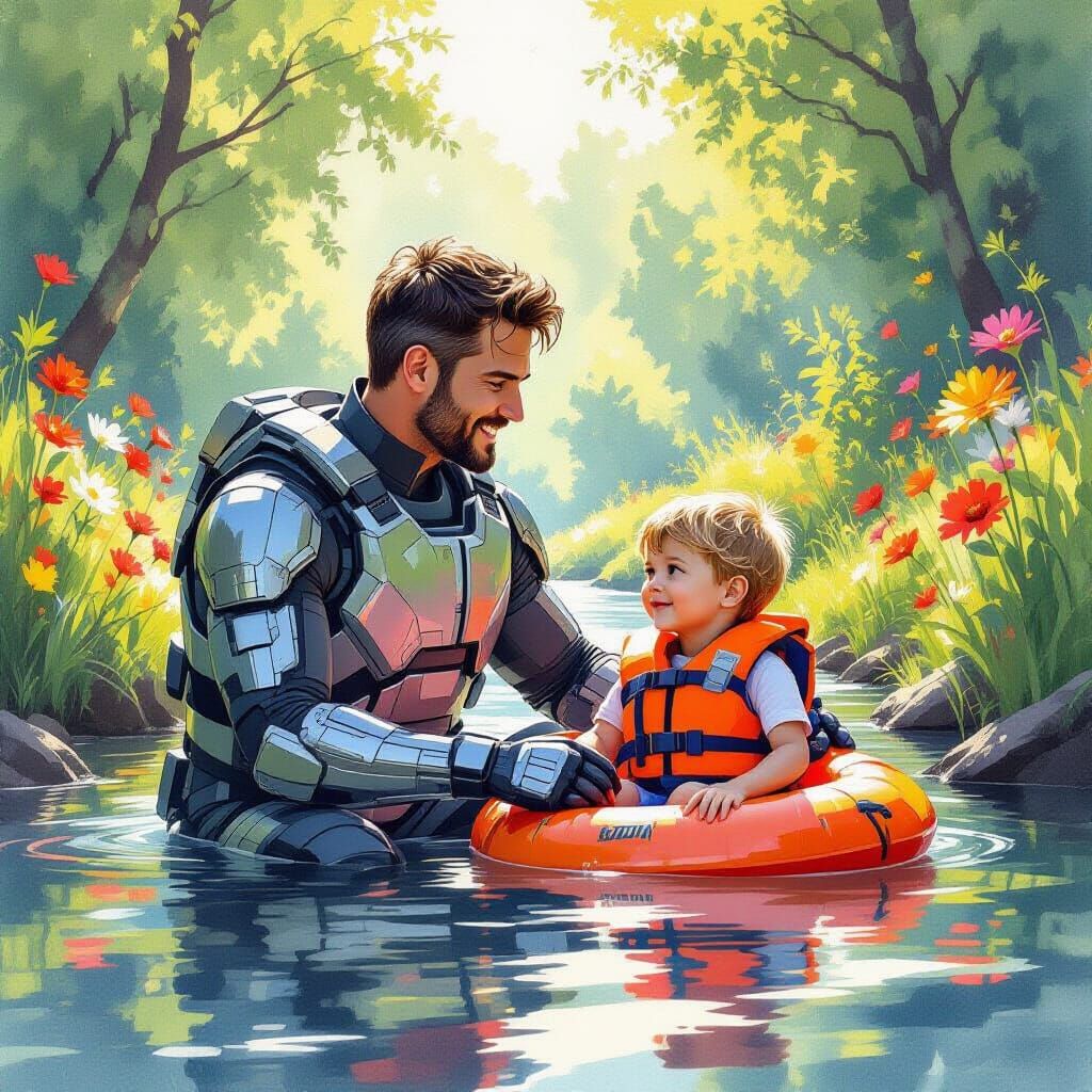 Futuristic Father and Son on Cyber Fishing Trip