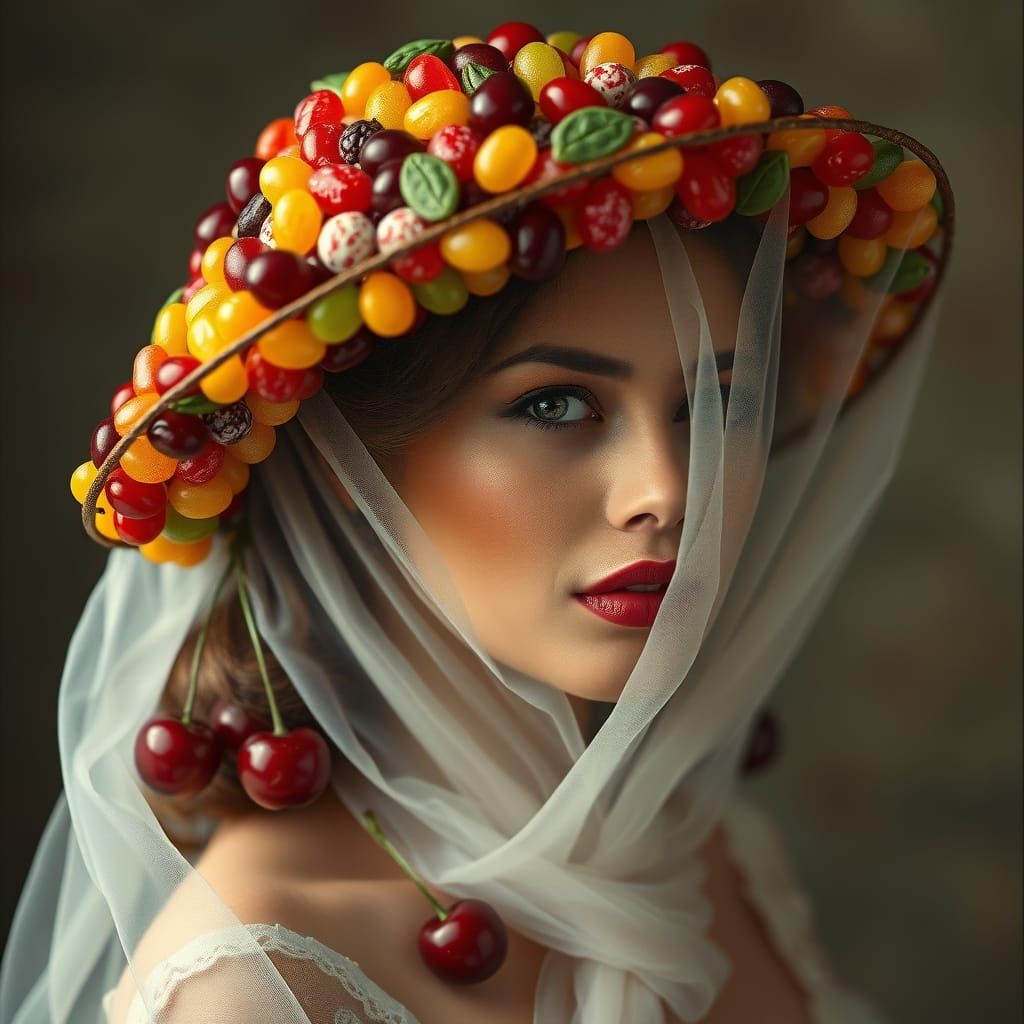 Woman in Elaborate Jelly Bean and Cherry Hat