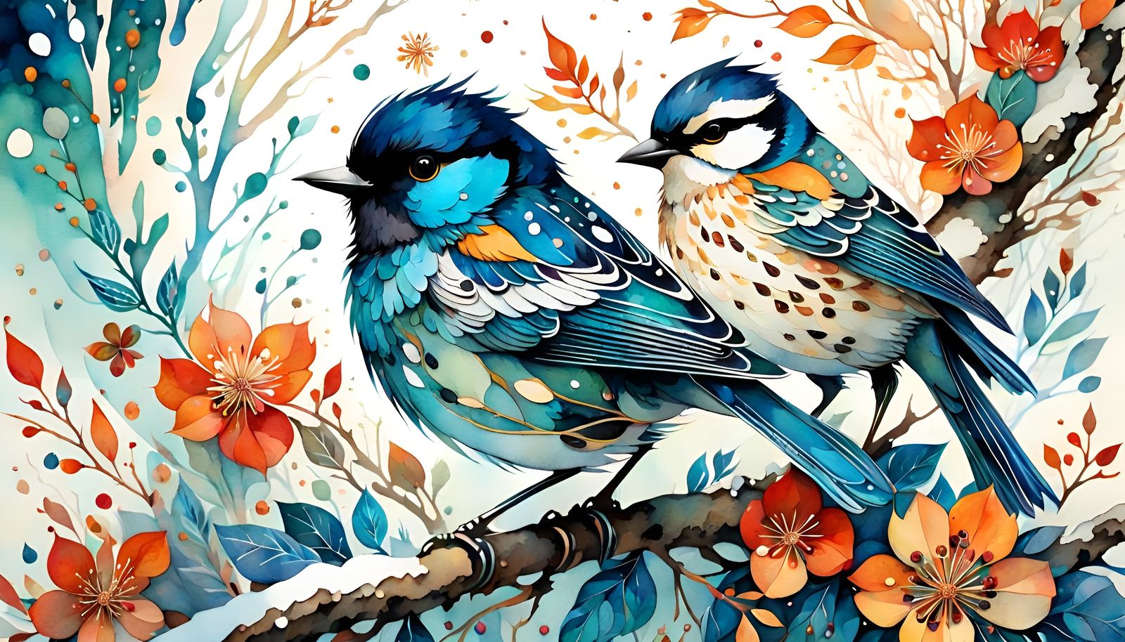 Watercolor Painting of Cute Adorable Winter Birds