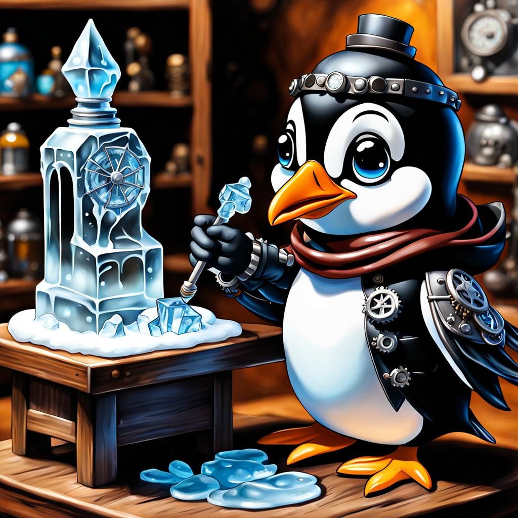 Steampunk Adélie Penguin Ice Sculptor in Chibi Style