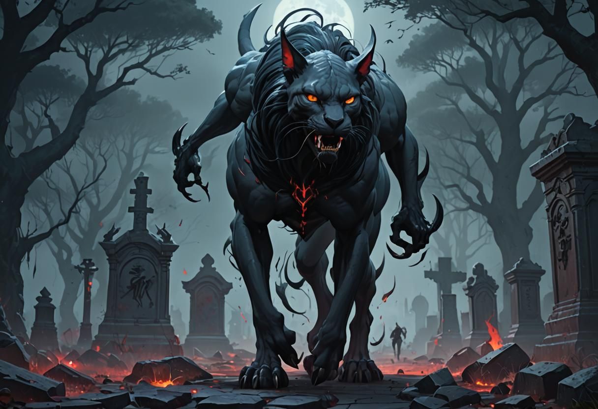 Extreme wide shot of a demonic humanoid muscular sphinx cat (with long black hair:3.0), big fangs dripping with blood, s...