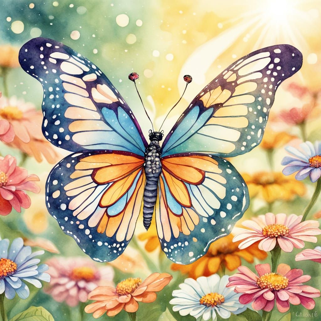 Whimsical Butterfly in Zinnia Garden Watercolor Illustration