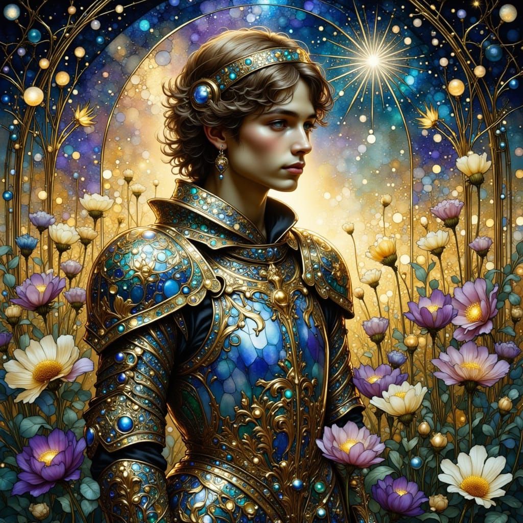 Shimmering Knight in Art Nouveau Floral Landscape