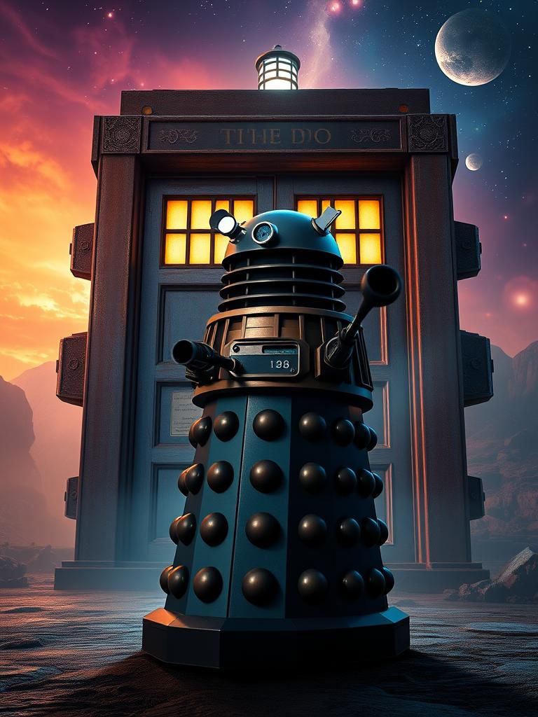 Dalek Victory Before Glowing TARDIS in Fantasy Art