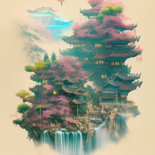 Chinese Valley with Waterfall: Fantasy Art in 8k