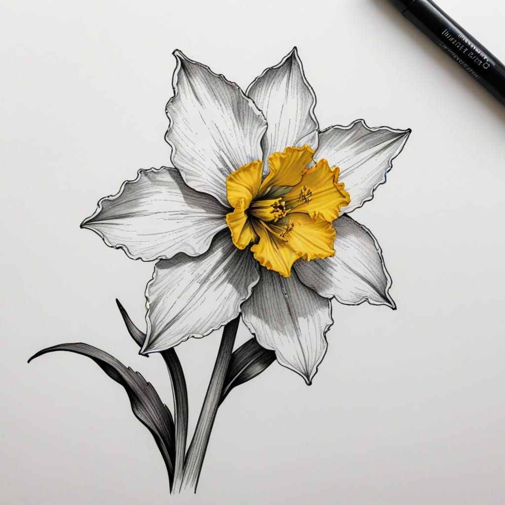 Daffodil in Black Ink with Yellow Center