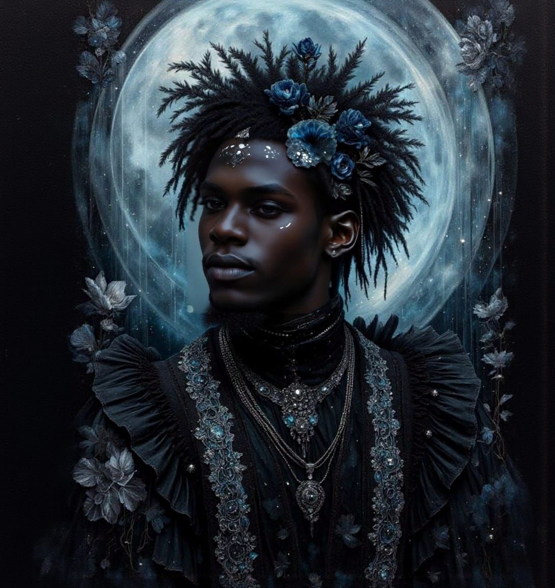 Gothic Black Man in Moonlight, Renaissance Oil Painting