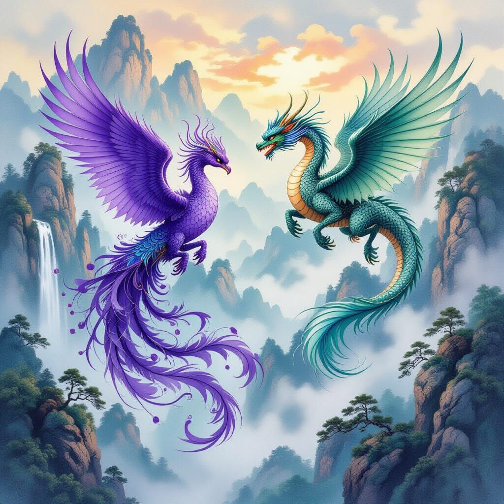 Dragon and Phoenix Soaring Over Chinese Mountains