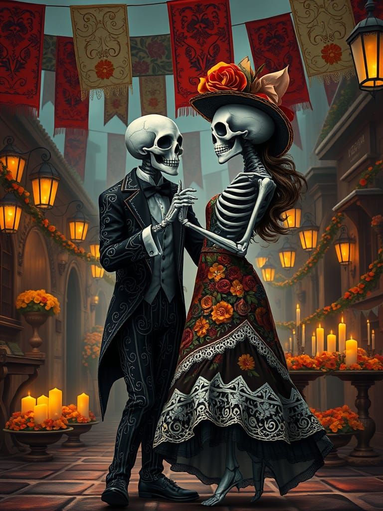 Dark Fantasy Da de los Muertos Celebration in Oil Painting S...
