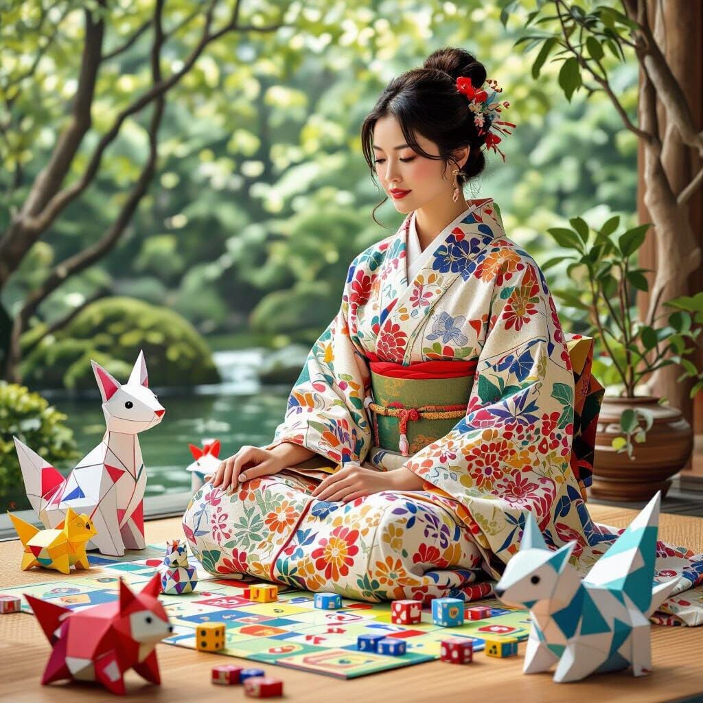 Woman Practices Feng Shui in Surreal Pop Art Style