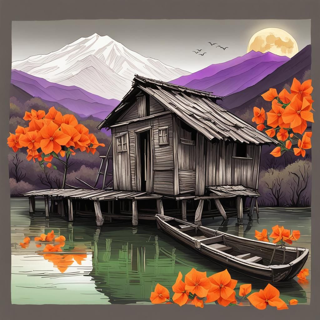 Rustic Slum House Chalk Sketch with Veiled Moon