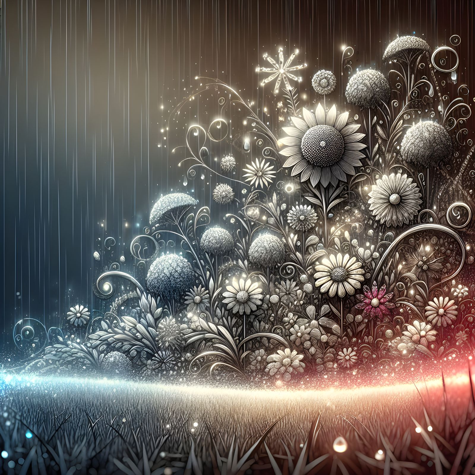 Sparkling Flower Field in Rain, Splash Art Style