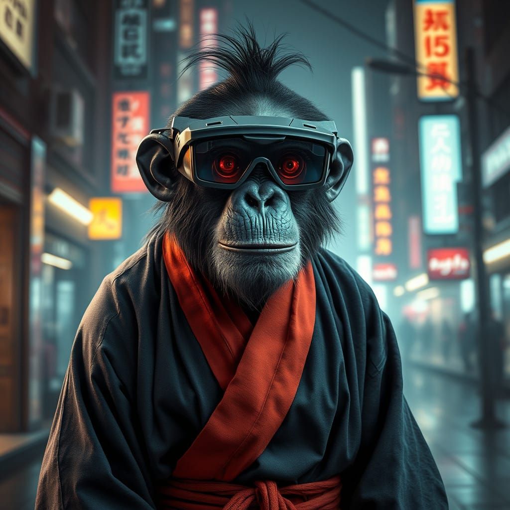 Cyberpunk Chimpanzee Yakuza Surveys Futuristic City