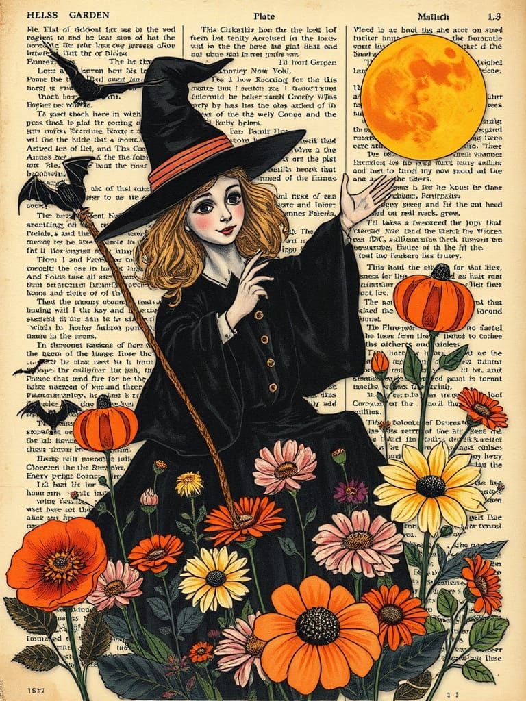 Vintage Halloween Witch Collage with Floral Accents