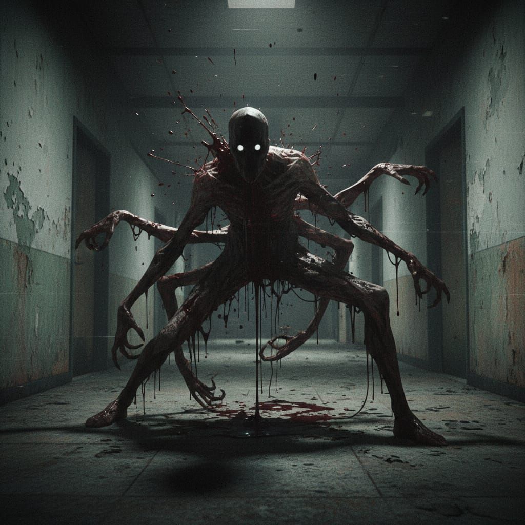 Distorted Figure Splattered With Blood in Analog Horror Styl...