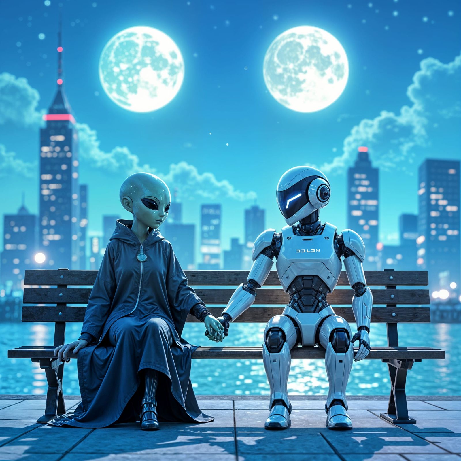 Robot and Alien Hold Hands in Futuristic City