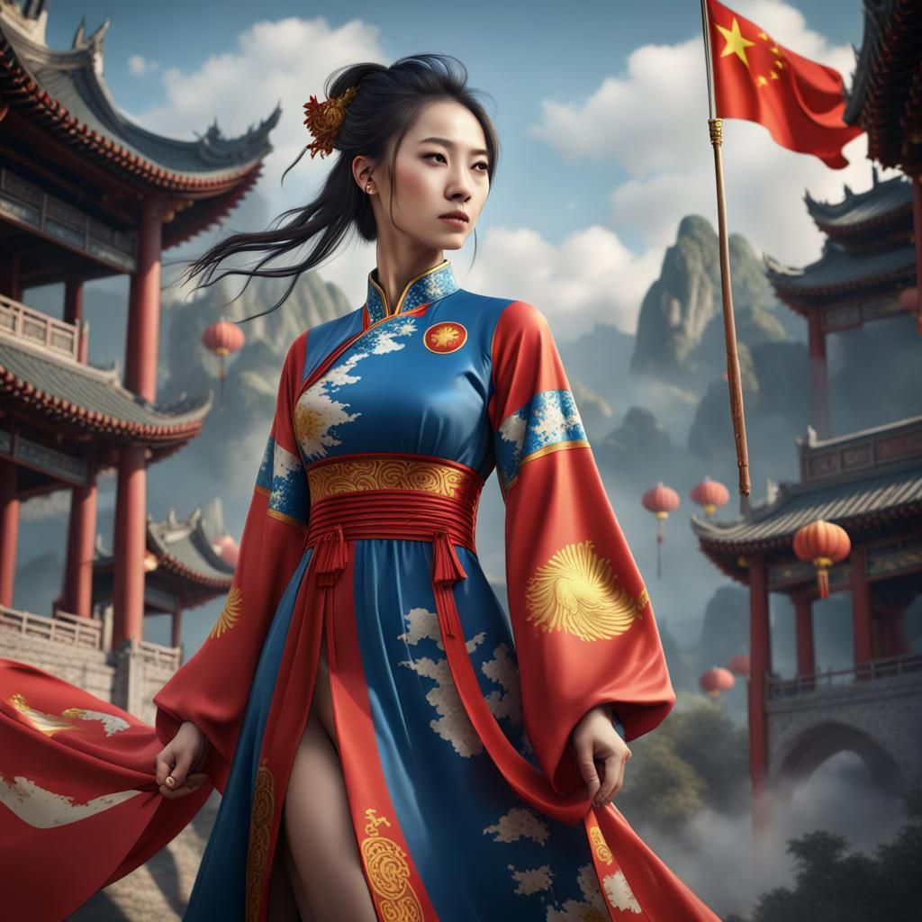 Chinese Woman in Flag Dress: Fantasy Concept Art