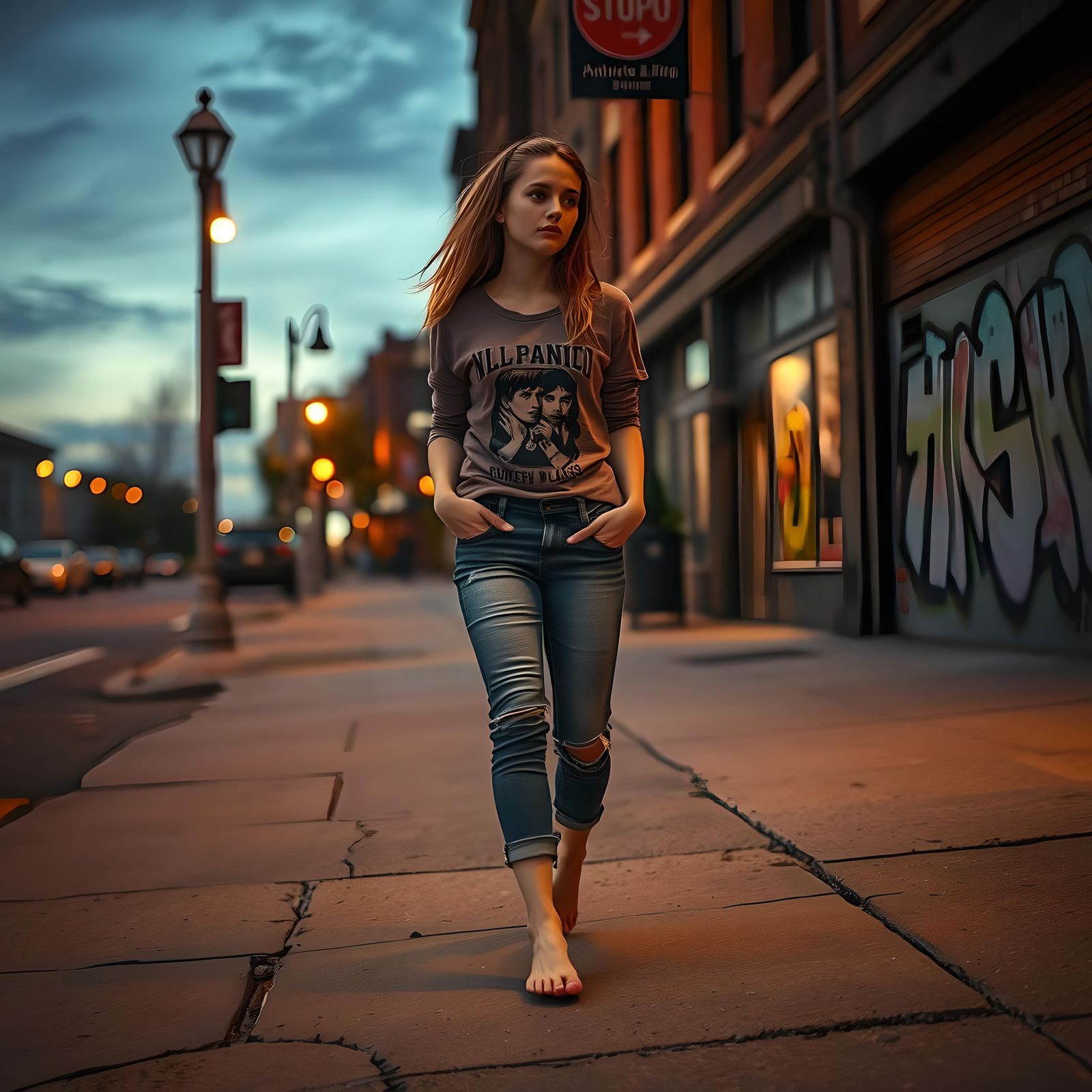 Barefoot Walker in Minneapolis Urban Scene