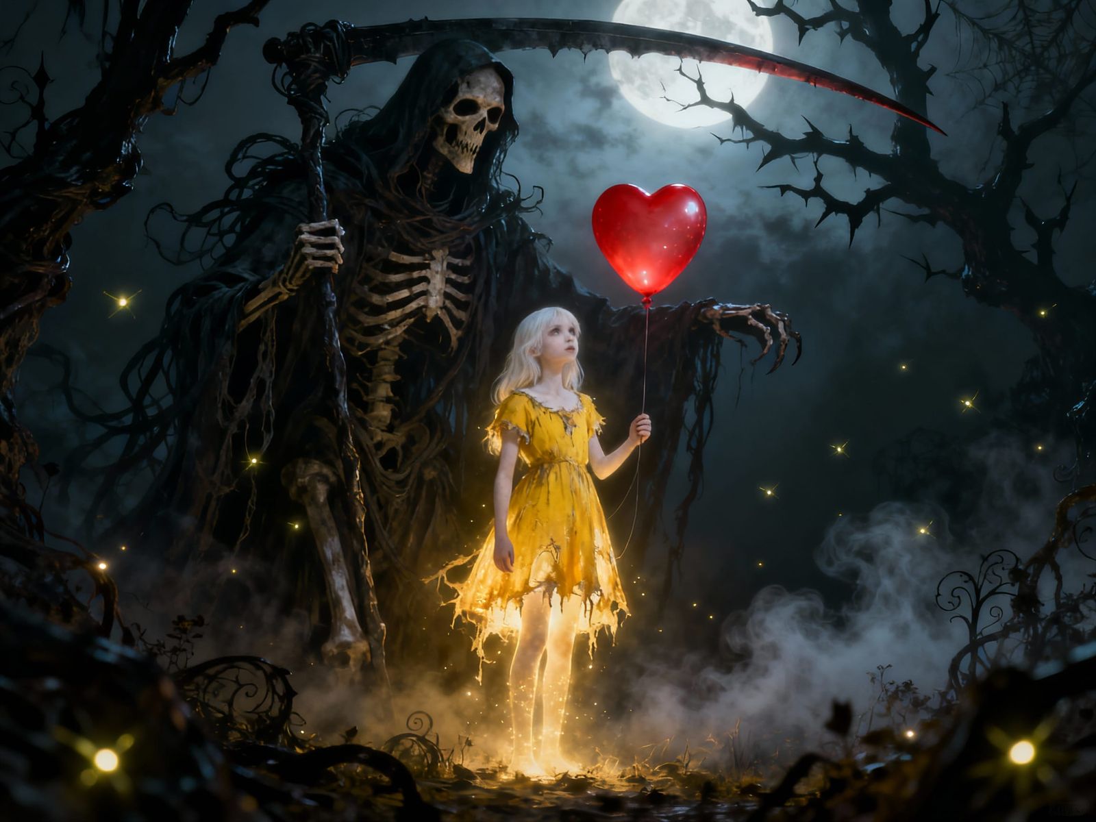Ethereal Girl Confronts Grim Reaper With Glowing Balloon